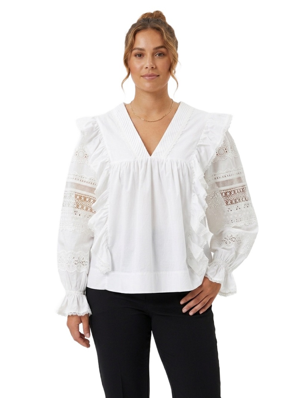 Lug Von Siga Carla White Lace-Trim Ruffle Back Blouse with V-Tie